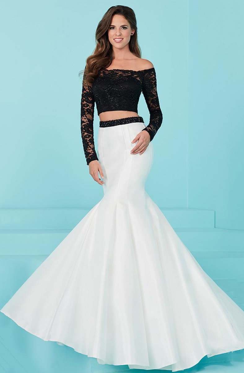 Tiffany Homecoming - 16240 Scalloped Off Shoulder Mermaid Gown in Black and White