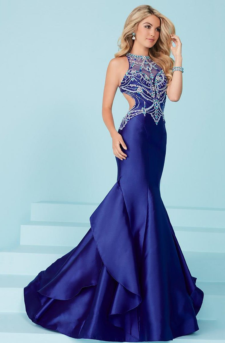 Tiffany Homecoming - Extravagant Beaded Illusion Neck Mermaid Dress 16245 In Blue
