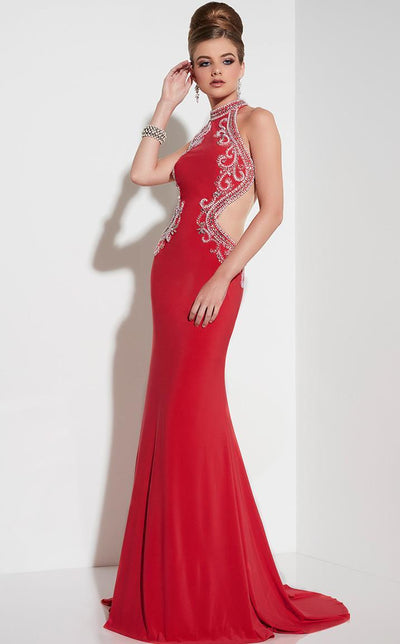 Panoply - Rhinestone-encrusted Halter Neck Jersey Trumpet Dress 14794 In Red