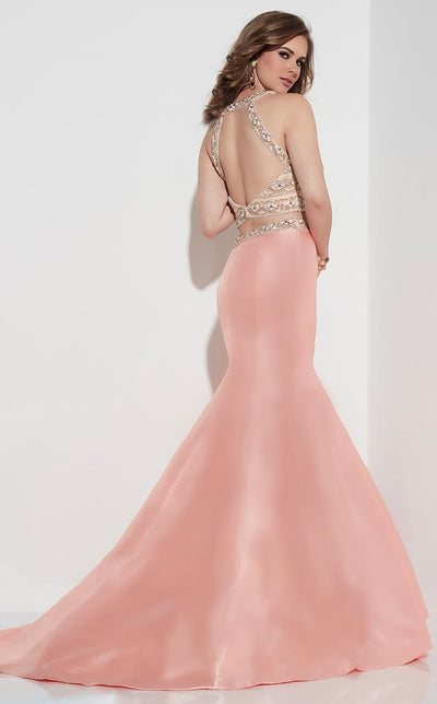 Panoply - Embellished Crew Neck Trumpet Evening Gown 14797 In Pink