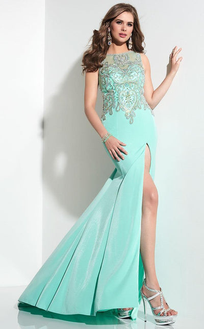 Panoply - Stunning Illusion Metallic Lace Applique Trumpet Gown 14798 in Green