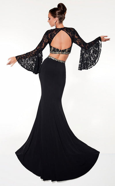 Panoply - Two-Piece Sultry Bell Sleeved Lace Trumpet Gown 14844 In Black