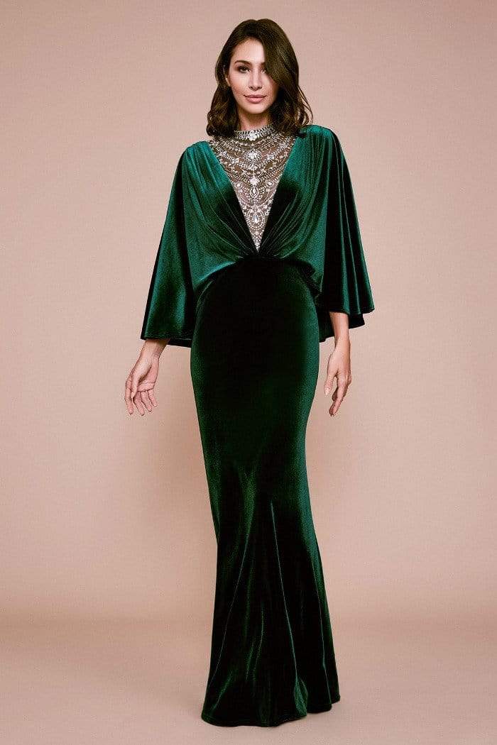 Tadashi Shoji - Beaded Illusion Plunging V Neck Capelet Gown In Green