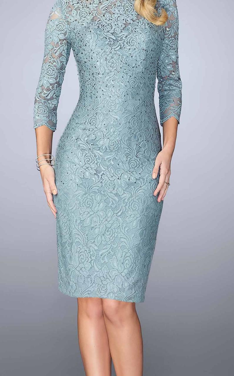 La Femme Laced Jewel Neck Column Dress 23149 In Smoky Blue