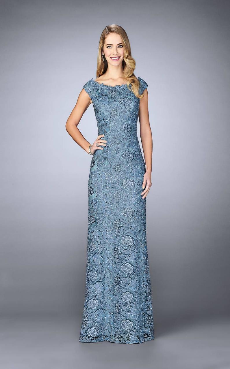 La Femme - 24860 Floral Bateau Neck Cap Sleeves Sheath Long Dress In Blue