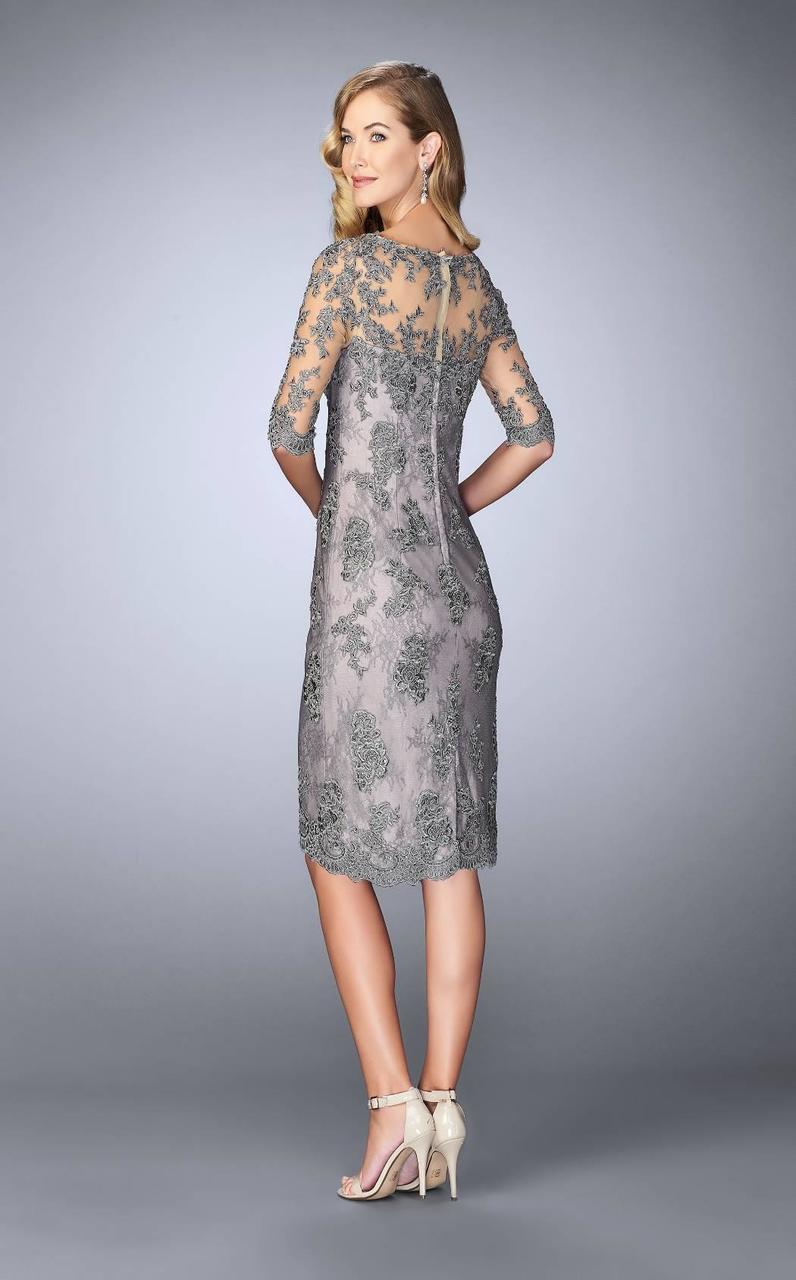 La Femme - 24878 Quarter Sleeve Lace Applique Cocktail Dress In Platinum