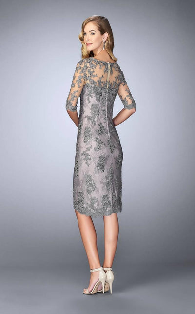 La Femme - 24878 Quarter Sleeve Lace Applique Cocktail Dress In Platinum