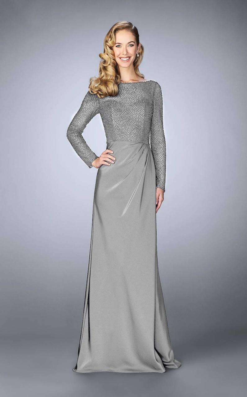 La Femme - 24895 Long Sleeve Beaded Bodice Draped Gown in Silver and Gray