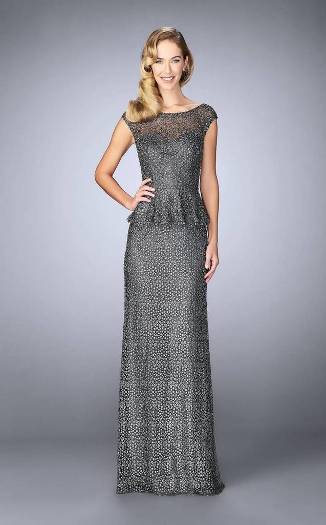 La Femme - Beaded Lace Cap Sleeve Peplum Evening Gown 24896 In Gray