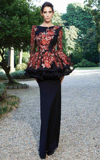 MNM Couture - Floral Lace Long Sleeve Sheath Dress N0125 in Black and Pink