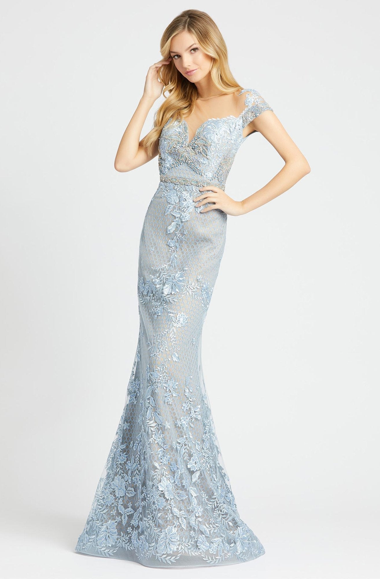 Mac Duggal - 79182D Bead and Lace Embellished Sheath Dress In Blue