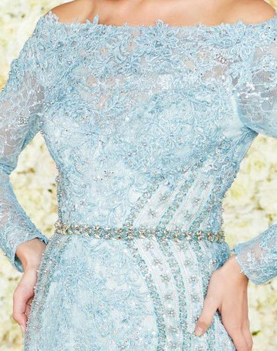 Mac Duggal Couture - 79202D Corded Lace Long Sleeve Mermaid Dress In Blue