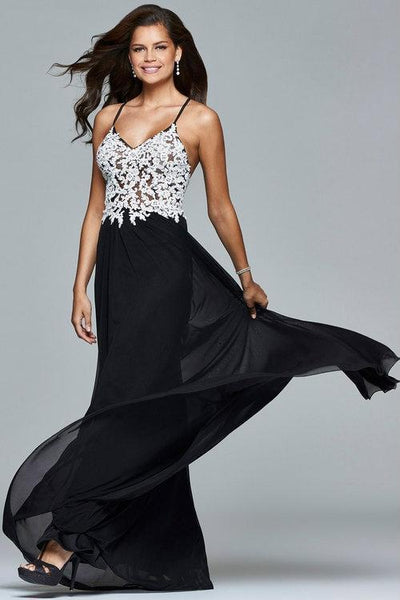 Faviana - 7934 Lace V-Neck A-Line Dress  in Black and White