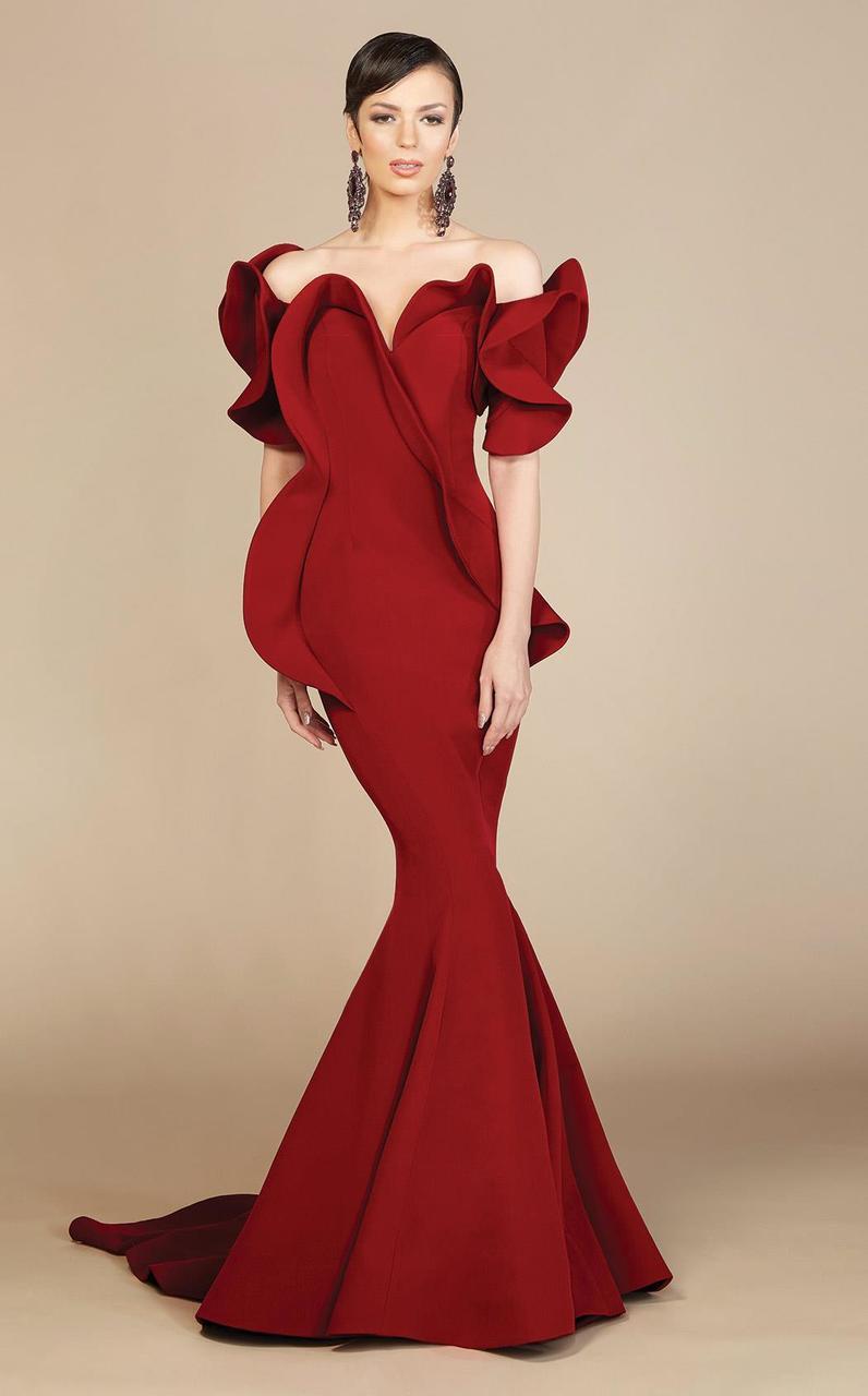 MNM Couture - 2328 Peplum Off-Shoulder Mermaid Evening Gown in Red