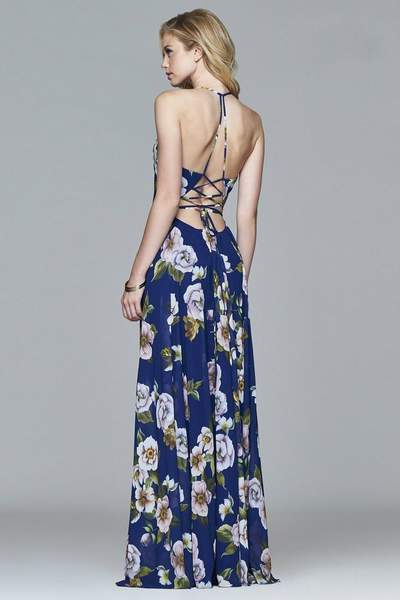 Faviana - 7946 Chiffon v-neck dress with full skirt and lace-up back In Navy