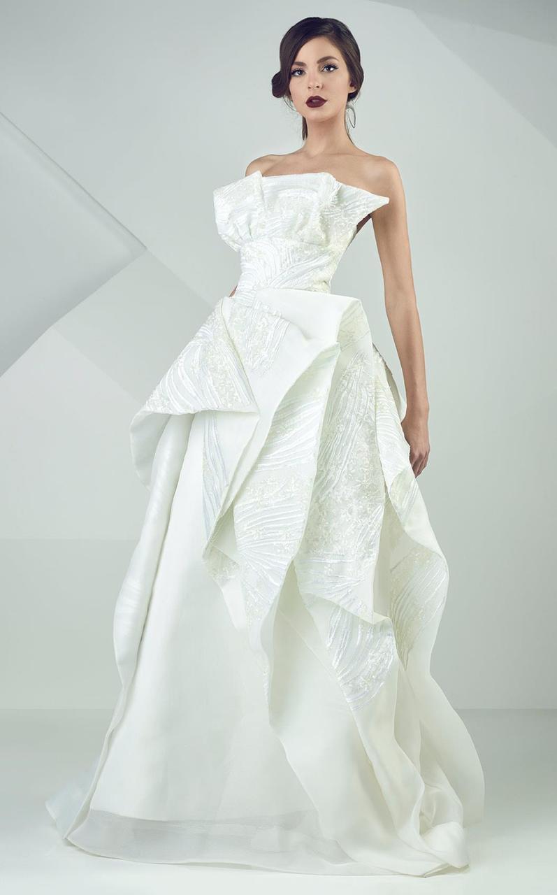 MNM Couture - Strapless Ruffled Empire Long Gown G0691 in White