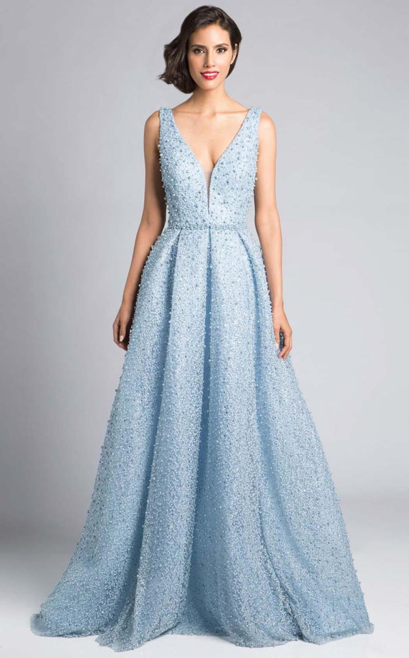 Lara Dresses - 33202 Ornamented Plunging V-Neck Gown In Blue