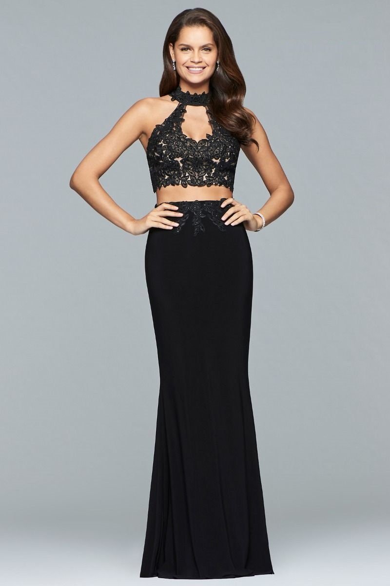 Faviana - Two Piece Lace High Halter Evening Dress 7967 In Black