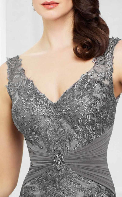 Montage by Mon Cheri - 217942 Embroidered Ruched Sheath Gown in Gray