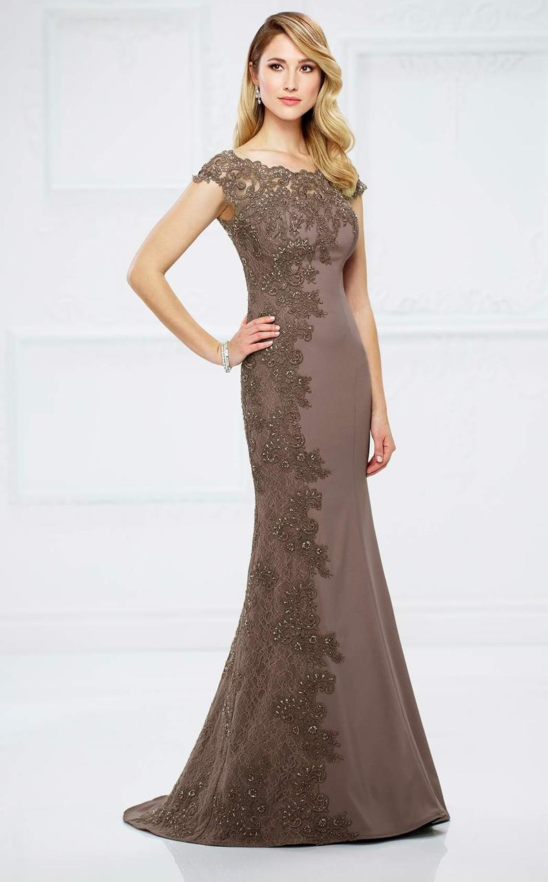 Montage by Mon Cheri - 217948 Bateau Beaded Lace Illusion Evening Gown in Brown