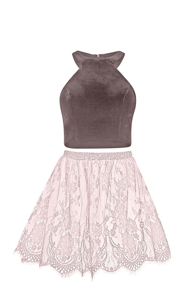 Alyce Paris - 2646 Velvet and Lace Two Piece Cocktail Dress in Brown and Pink