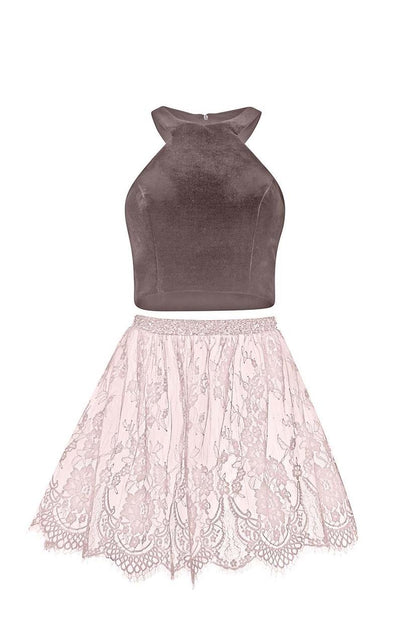 Alyce Paris - 2646 Velvet and Lace Two Piece Cocktail Dress in Brown and Pink
