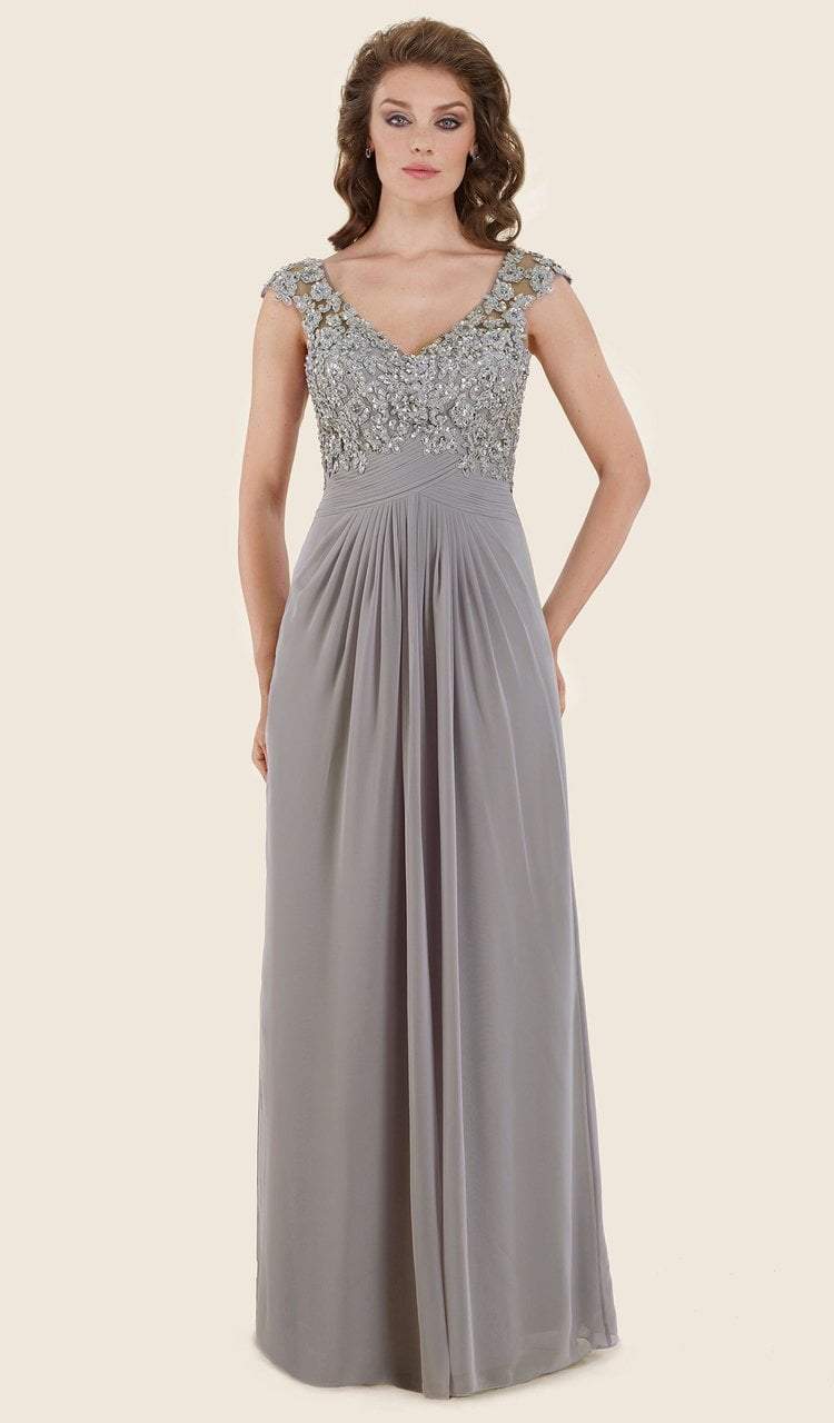 Rina Di Montella - RD2619 Beaded Appliqued A-Line Evening Gown in Silver