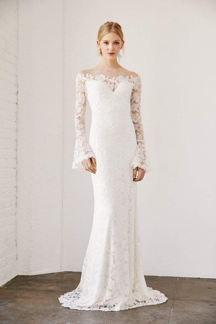 Tadashi Shoji - Bell Sleeve Lace Sheath Bridal Gown Wedding Dresses 0 / Ivory