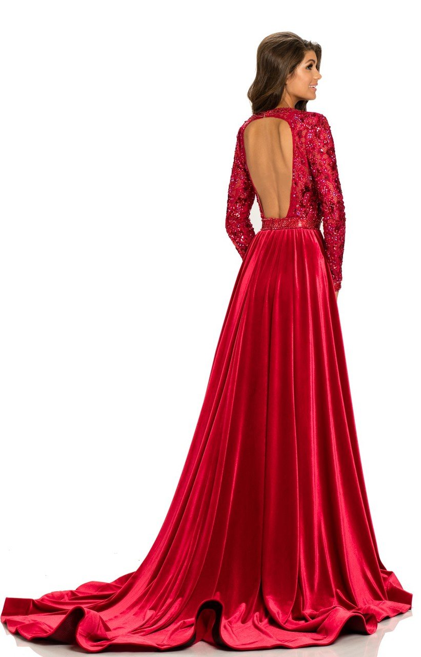 Johnathan Kayne - 8013 Embellished Lace Velvet Gown in Red