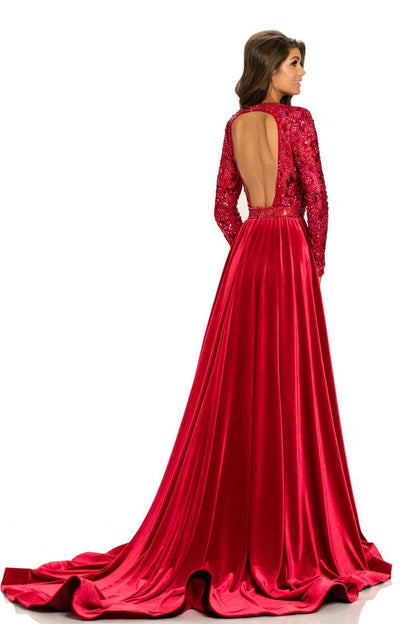 Johnathan Kayne - 8013 Embellished Lace Velvet Gown in Red