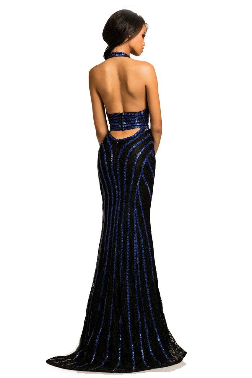 Johnathan Kayne - 8016 Embellished Halter Sheath Dress in Black and Blue
