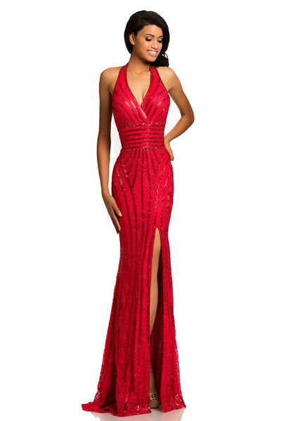 Johnathan Kayne - 8016 Embellished Halter Sheath Dress in Red