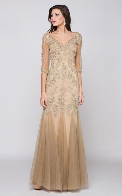 Illusion Quarter Sleeve Lace Trumpet Gown M162 in Latte