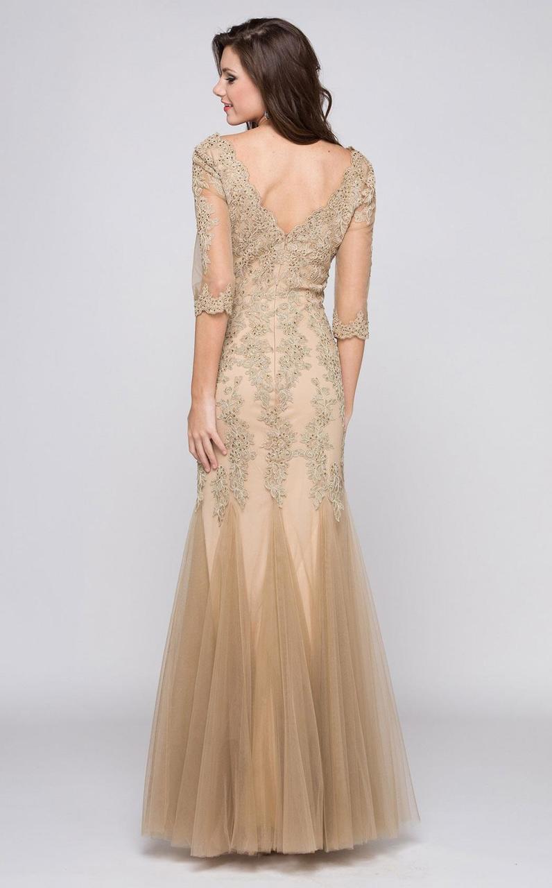 Illusion Quarter Sleeve Lace Trumpet Gown M162 in Latte