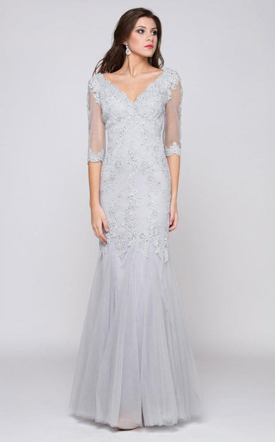 Illusion Quarter Sleeve Lace Trumpet Gown M162 in Grey