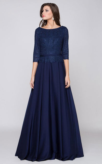 Marsoni by Colors - M182 Classic Lace Quarter Sleeve Gown in Blue