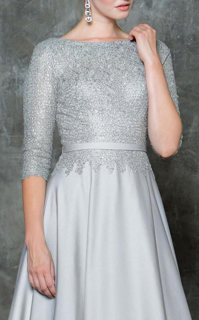Marsoni by Colors - M182 Classic Lace Quarter Sleeve Gown in Silver