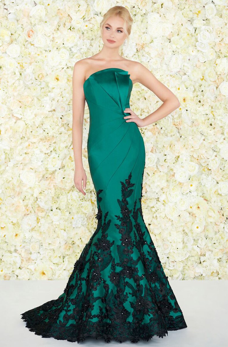 Mac Duggal - 80761D Floral Lace Pleated Mermaid Dress In Green and Black