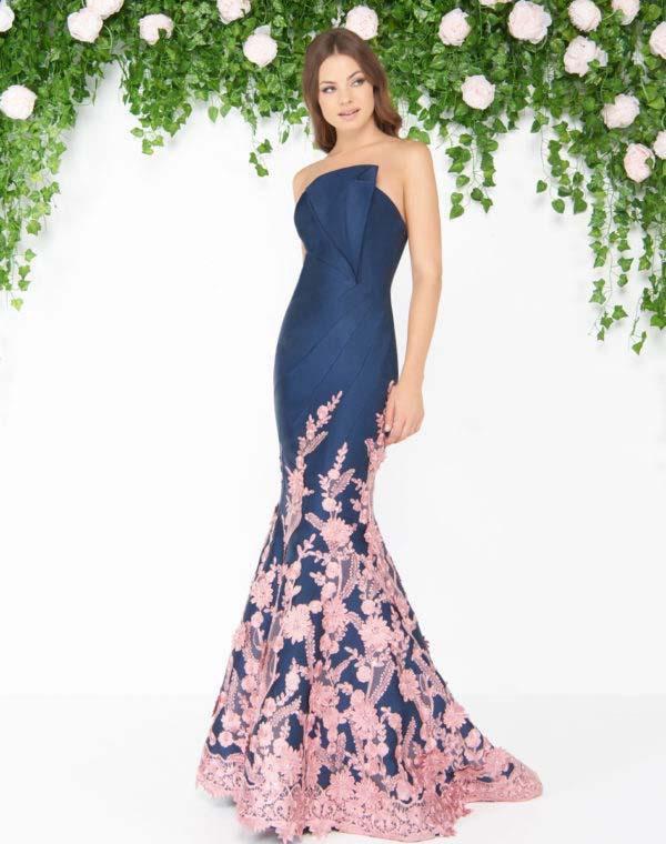 Mac Duggal - 80761D Floral Lace Pleated Mermaid Dress In Blue and Pink