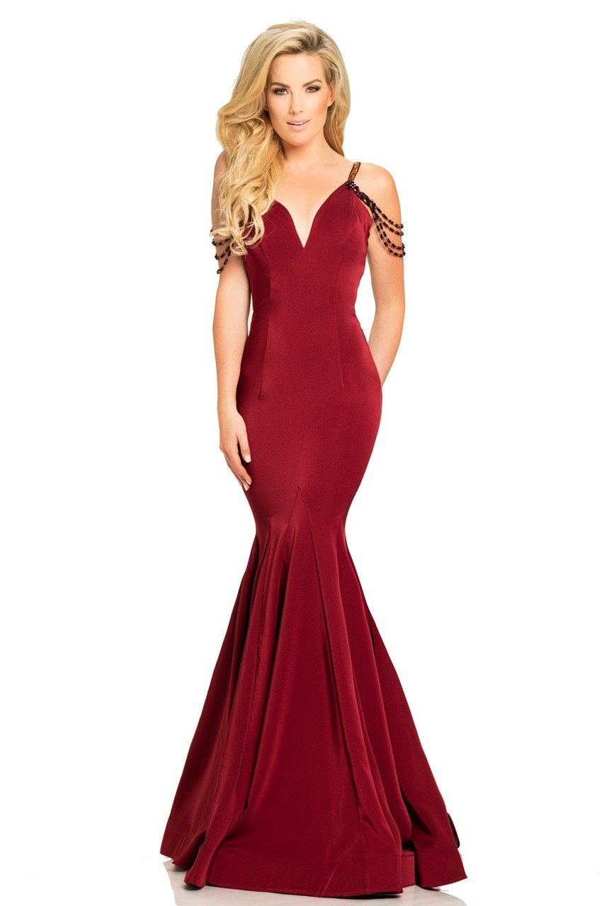 Crystal Draped Plunging Mermaid Gown in Red