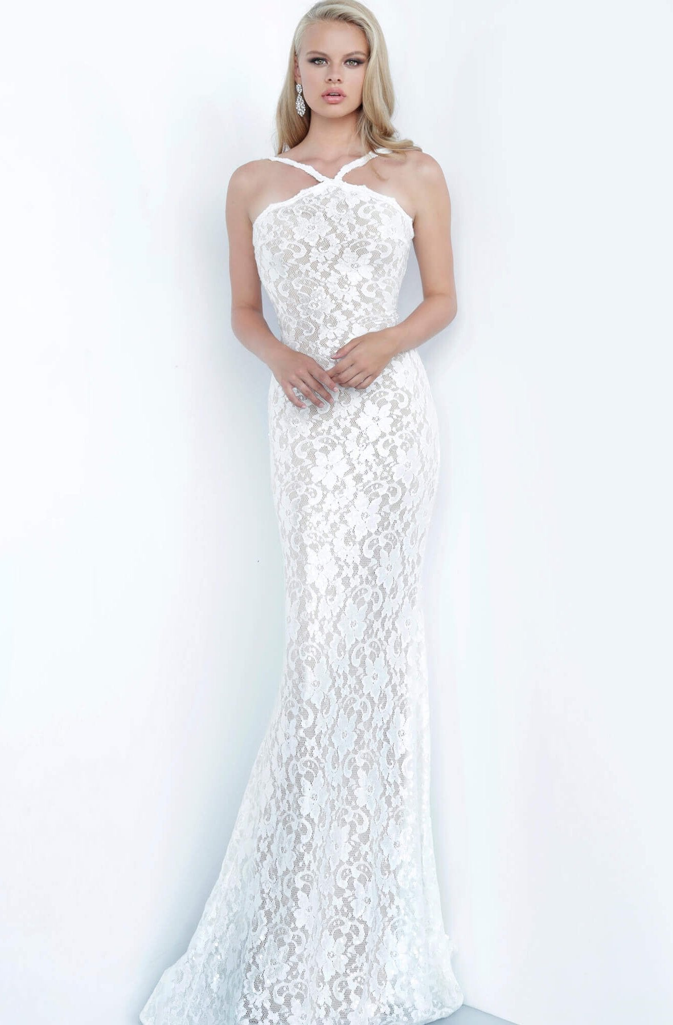 Jovani - 8081 Allover Lace Sleeveless Halter Neck Fitted Prom Dress In White