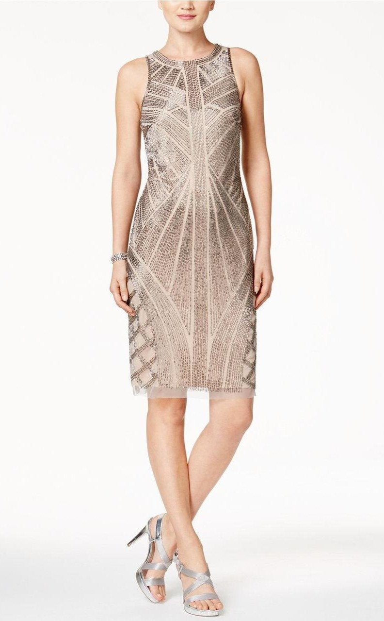 Adrianna Papell - AP1E200575 Beaded Halter Sheath Dress in Neutral and Silver
