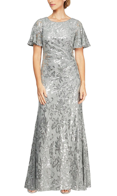 Alex Evenings - 81122312 Long Butterfly Sleeve Sequin Lace Dress In Silver