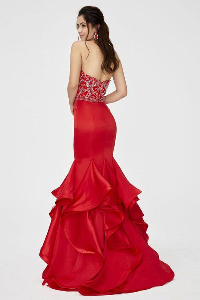 Angela & Alison  - 81139 Beaded Embellished Punling Illusion Neck Ruffled Mermaid Gown In Red