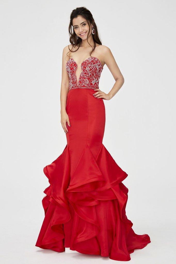 Angela & Alison  - 81139 Beaded Embellished Punling Illusion Neck Ruffled Mermaid Gown In Red