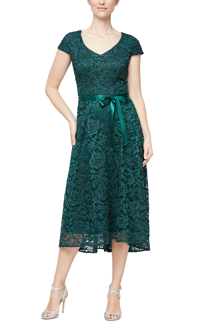 Alex Evenings 81171189 - V Neck Short Sleeve Tea Length Lace Dress In Green