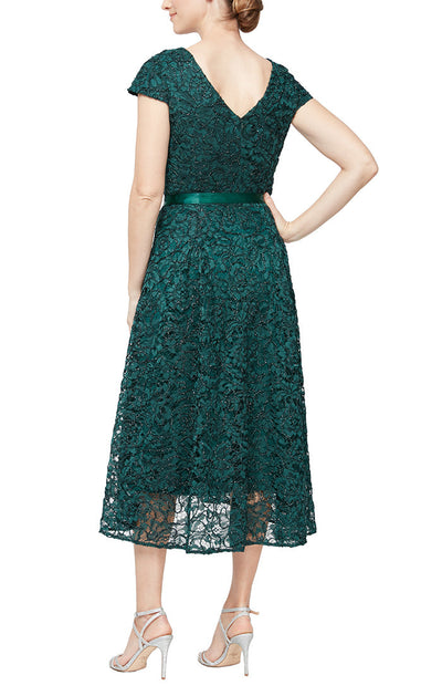 Alex Evenings 81171189 - V Neck Short Sleeve Tea Length Lace Dress In Green