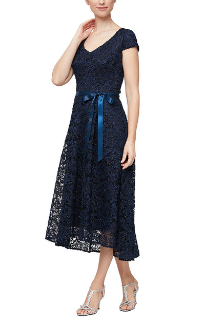 Alex Evenings 81171189 - V Neck Short Sleeve Tea Length Lace Dress In Blue and Black