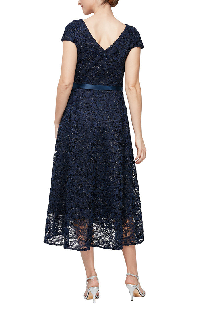 Alex Evenings 81171189 - V Neck Short Sleeve Tea Length Lace Dress In Blue and Black