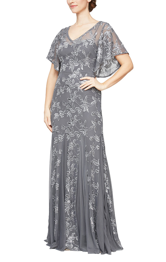 Alex Evenings 81171216 - Flutter Sleeve Floral Designed Gown In Gray